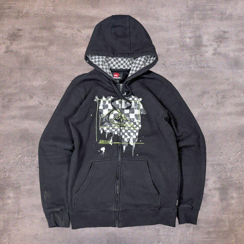 Y2K 2000's 00's Quiksilver Checkered Grunge Black Zip Up Hoodie